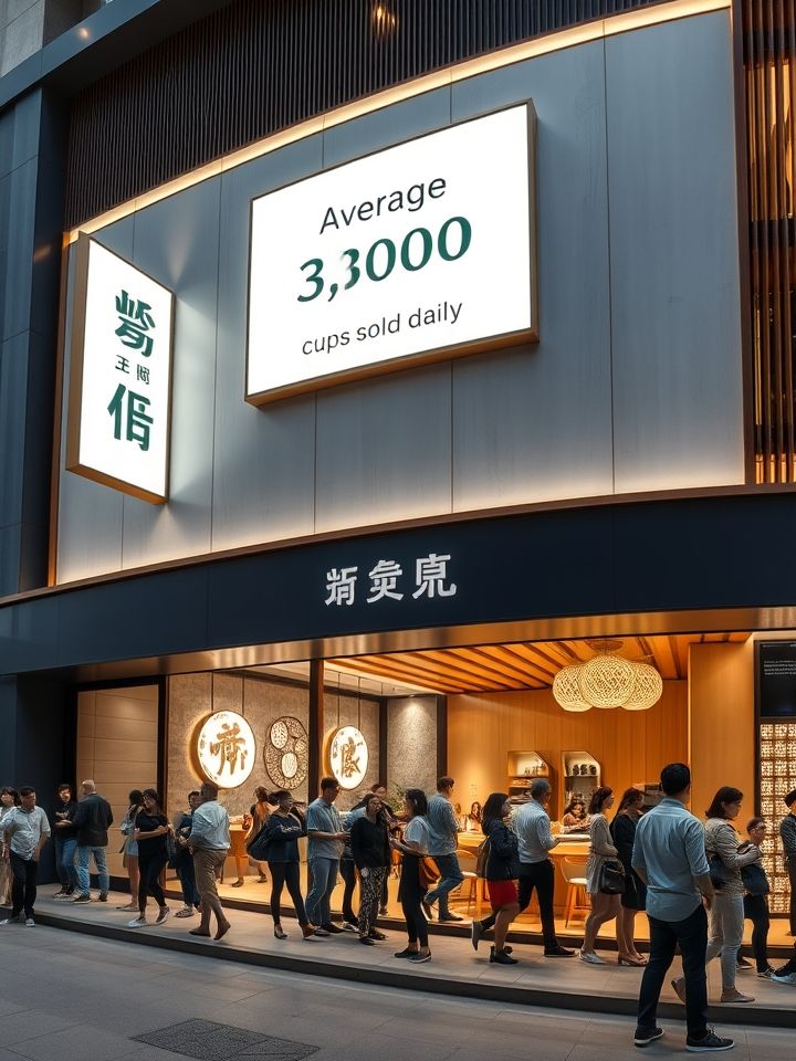 展示品牌概念店全景图（现代中式风格门店，顾客排队长龙延伸至街角，灯箱展示“日均3000杯”销量数据）