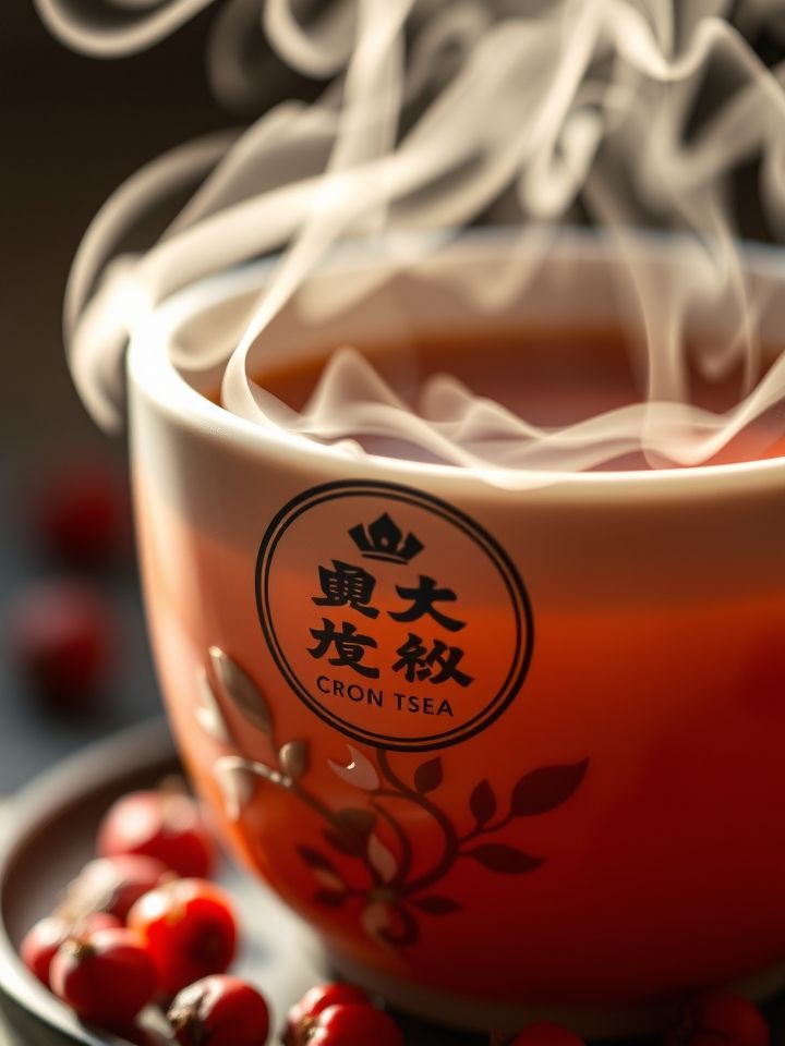 宁夏奶茶加盟店相关的**插图1**: 宁夏当地新鲜枸杞与现萃茶汤融合的特写画面，杯口氤氲热气中透出“龙的良方式茶”品牌标
