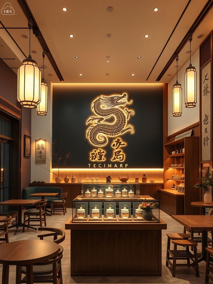 展示龙的良方式茶品牌形象，暖色调空间搭配特色茶饮产品，体现“国潮”视觉风格的门店实景图