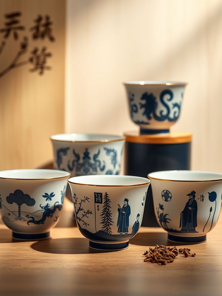 呈现6款招牌茶饮特写，重点展示敦煌元素杯身设计与地域食材应用的产品组合图