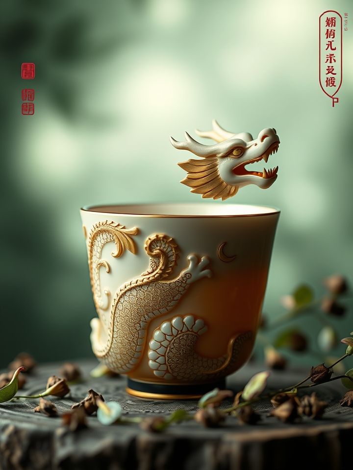 产品创意展示，龙形杯贴搭配国风茶饮特写，突出“龙的良方式茶”独家视觉符号