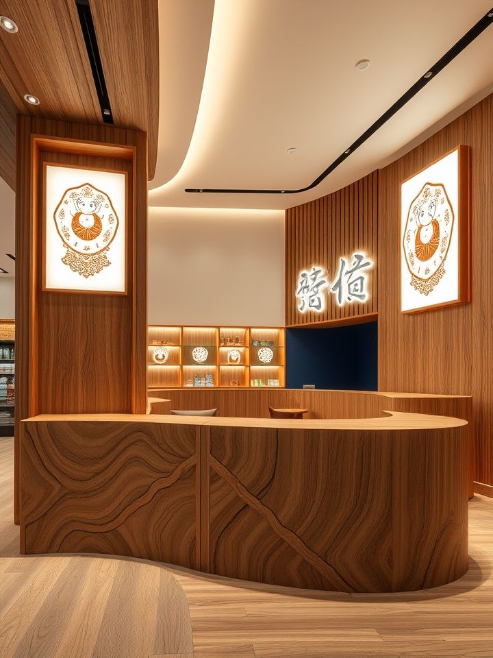 展示全国500家门店统一设计的木质纹理柜台与国潮风格灯箱的实拍图