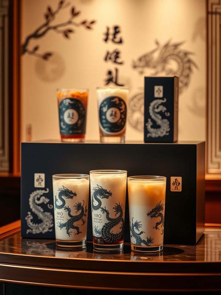 呈现龙的良方式茶6款招牌饮品与3款限定新品，突出“龙年限定·乌龙雪顶”的国风包装设计