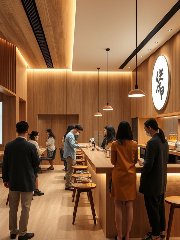 甘肃加盟店实景，原木色调设计，顾客在吧台前有序点单