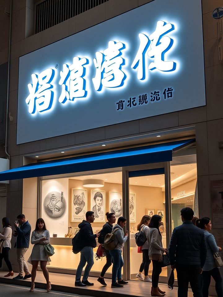 展示龙的良方式茶银川旗舰店明亮时尚的奶茶店门头实景，包含发光字招牌与排队消费场景