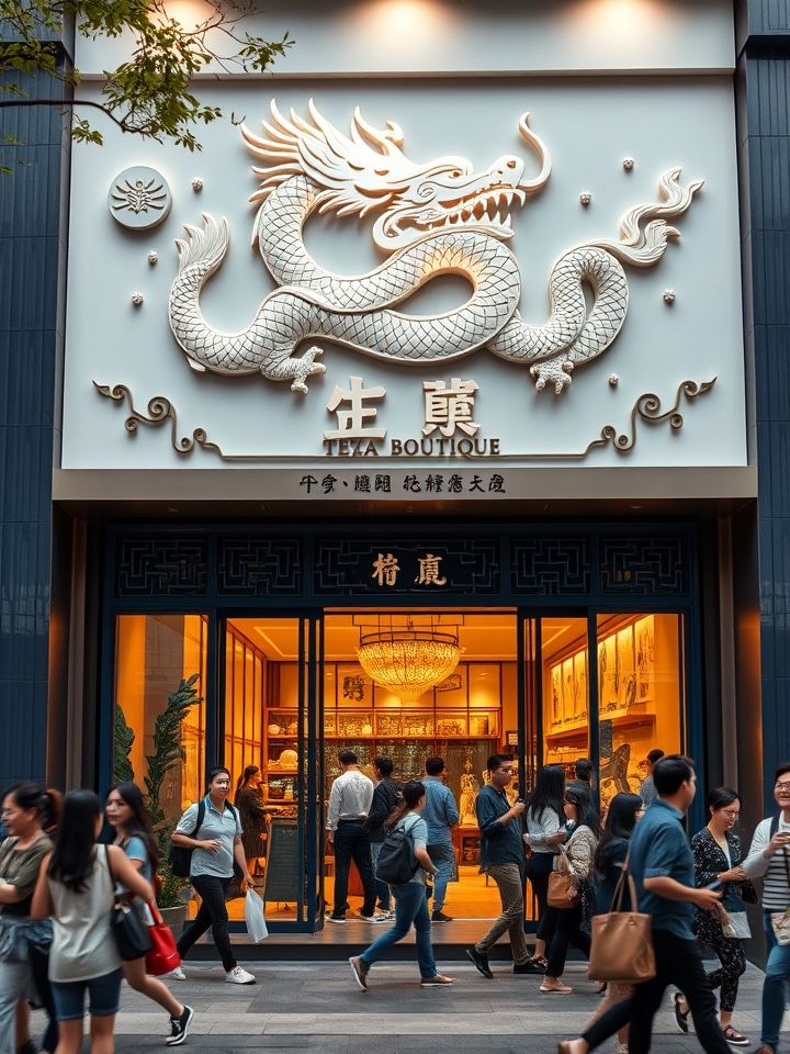展示龙的良方式茶品牌旗舰店国潮风格门头与客群络绎不绝场景的实景图
