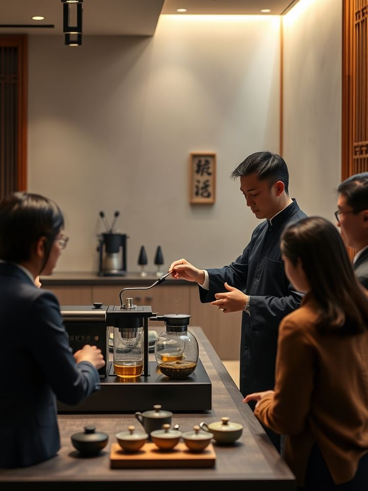 展示总部培训师现场指导加盟商操作专业制茶设备的场景