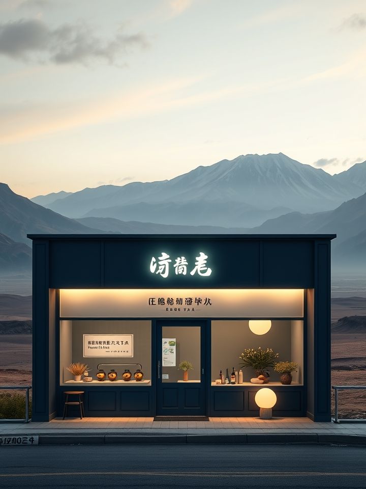 配一张青海高原风光背景下“龙的良方式茶”门店实景图，突出门店简约设计与“现萃鲜奶茶”灯箱标语，建议为品牌青海旗舰店门头照片