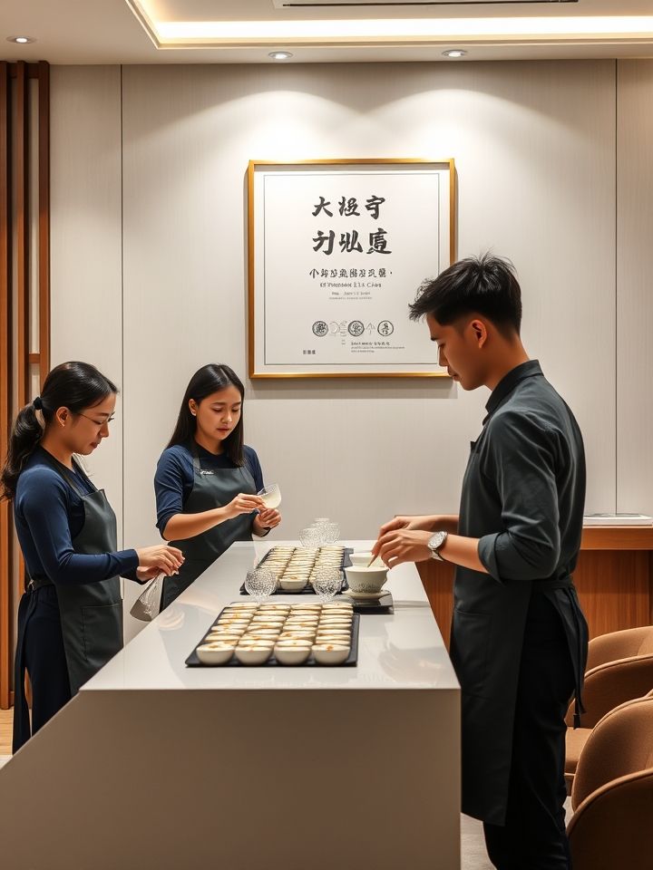 展示加盟商培训实拍（操作台前学员穿着定制围裙学习拉茶技艺，背景墙展示“第128期运营精英班”结业证书）