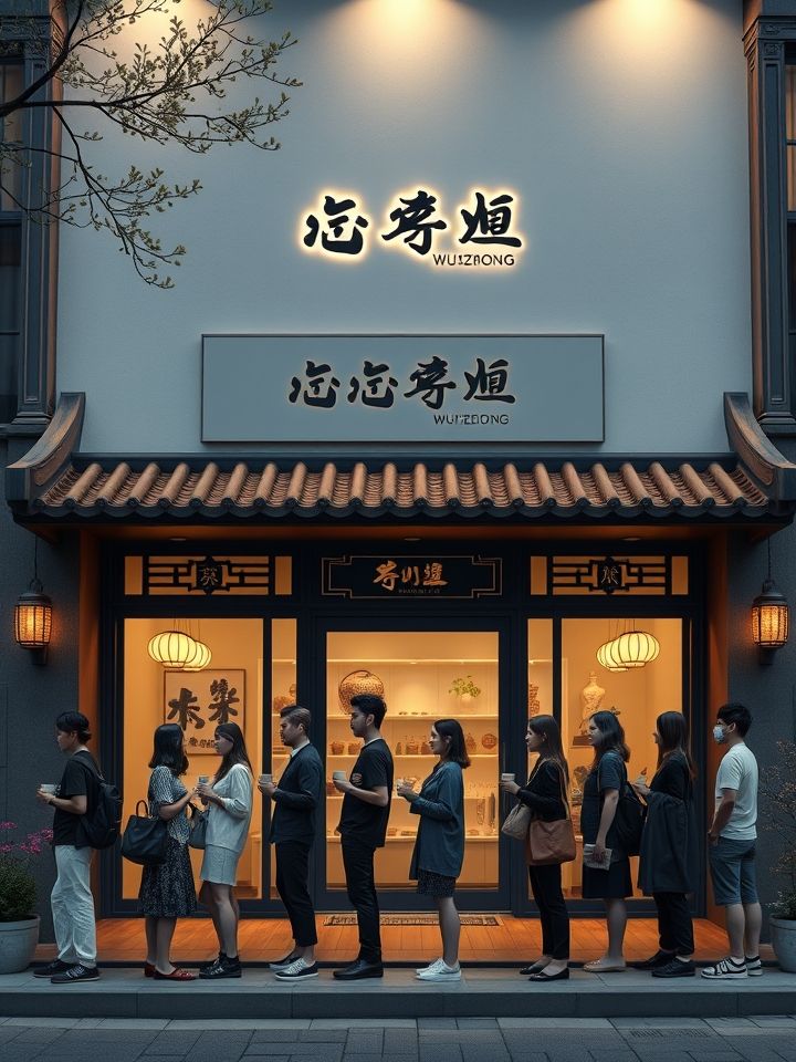 吴忠门店实景，古风门头搭配现代灯光，门前顾客手持特色杯装茶饮排队
