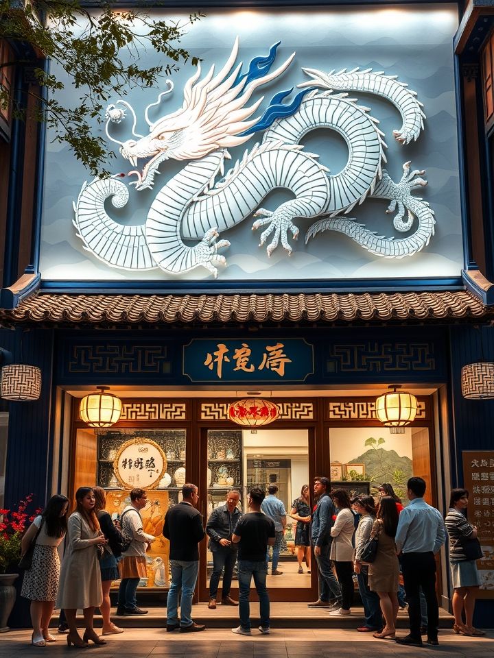 展示龙的良方式茶现代中式风格门头及络绎不绝顾客队列的门店实景图