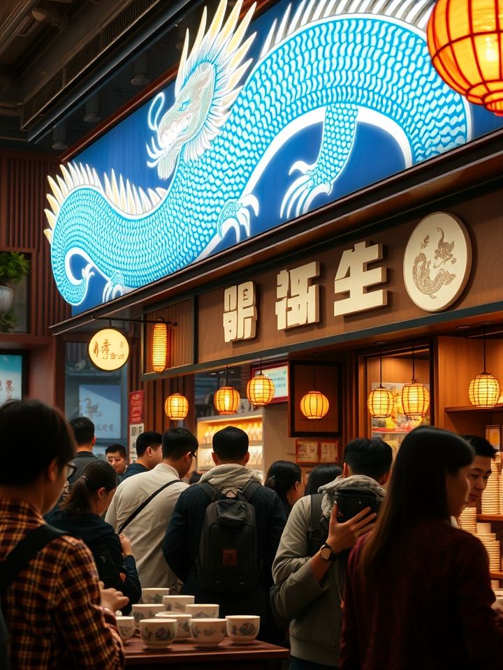展示龙的良方式茶明亮门店实景，有顾客排队购买场景，突出发光字招牌与国风杯身设计