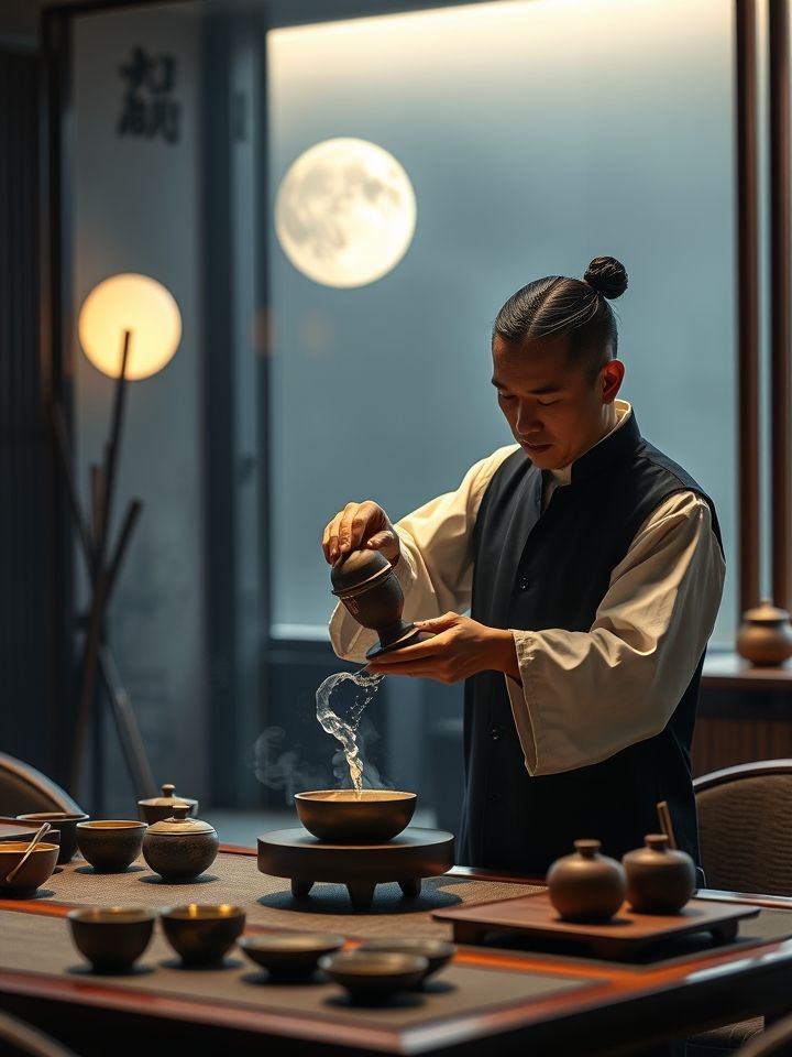 加盟商培训基地场景，资深茶艺师向学员演示雪克壶七步摇茶法