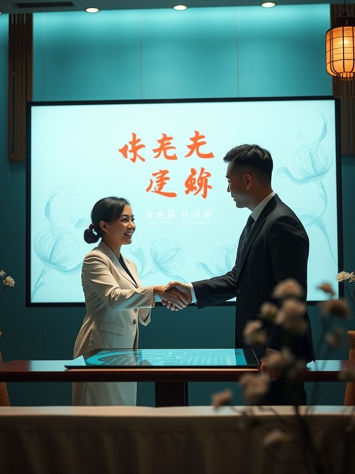 展示加盟签约仪式现场，品牌区域经理与银川加盟商在电子签约屏前握手留影