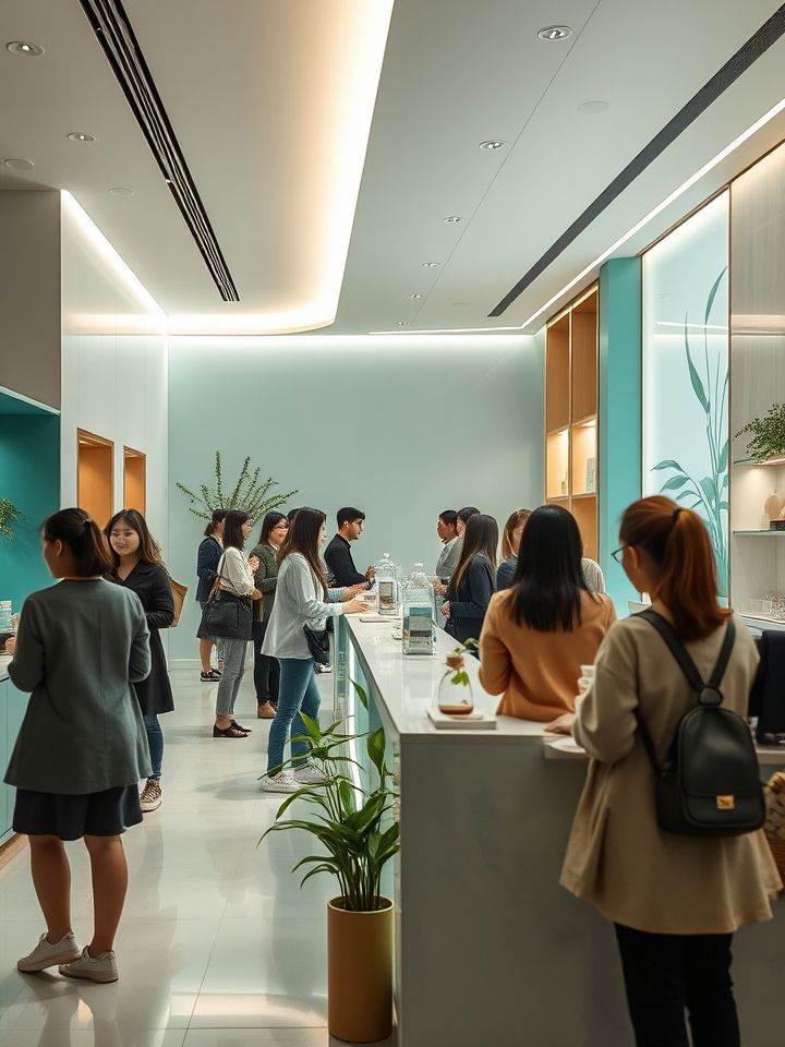 展示品牌门店实景，有现代简约风格吧台与顾客排队场景