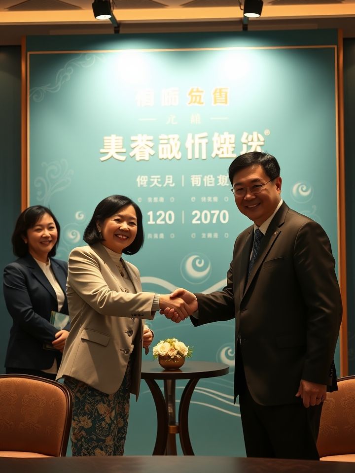 展示加盟商签约仪式现场，品牌代表与合作伙伴握手合影，背景为“千城万店，龙茶同行”主题展板