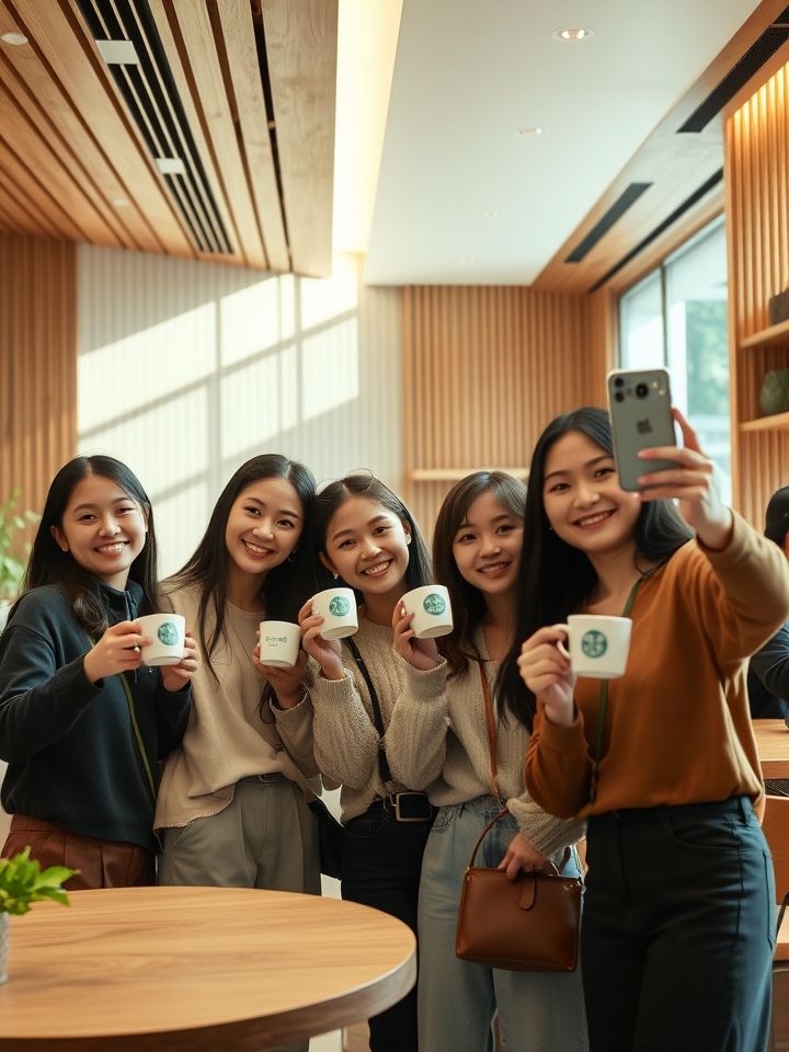 展示龙的良方式茶门店实景，现代简约木质调空间，有年轻顾客手持品牌特色杯身拍照打卡