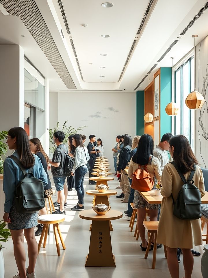 龙的良方式茶现代风格门店实景图，体现顾客在明亮空间内排队购买饮品的年轻客群消费场景