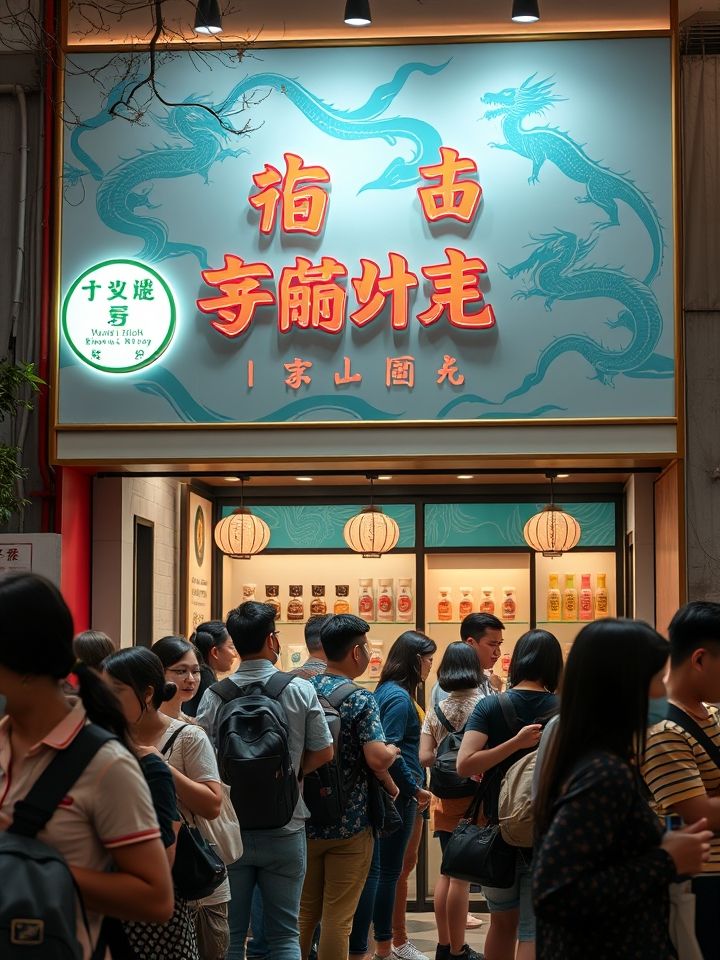 热闹的奶茶门店实景，顾客在“龙的良方式茶”招牌前排队，背景有品牌特色产品与中式设计元素