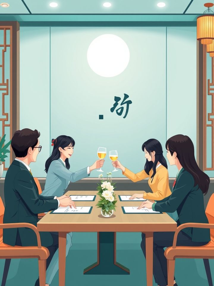 展示品牌总部签约仪式现场，加盟商与团队举杯庆祝合作