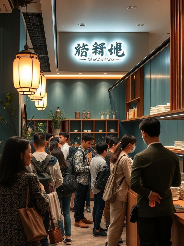 繁华商圈内龙的良方式茶门店，顾客手持特色饮品排队点单